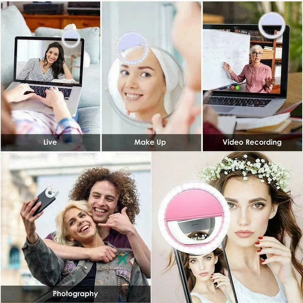 Mini Ring Light LED Clip para Celular – Portátil, Recarregável e com 3 Níveis de Brilho