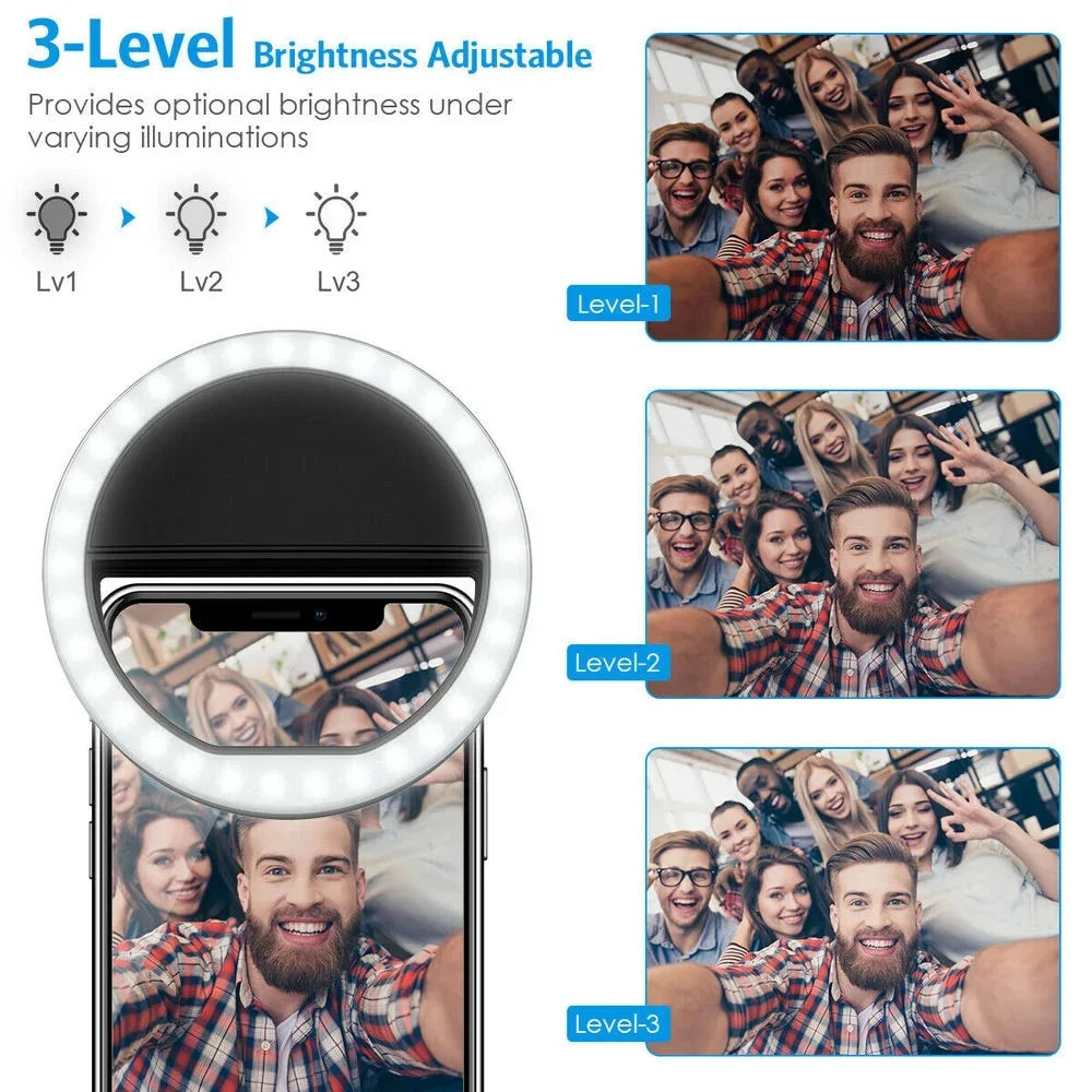 Mini Ring Light LED Clip para Celular – Portátil, Recarregável e com 3 Níveis de Brilho