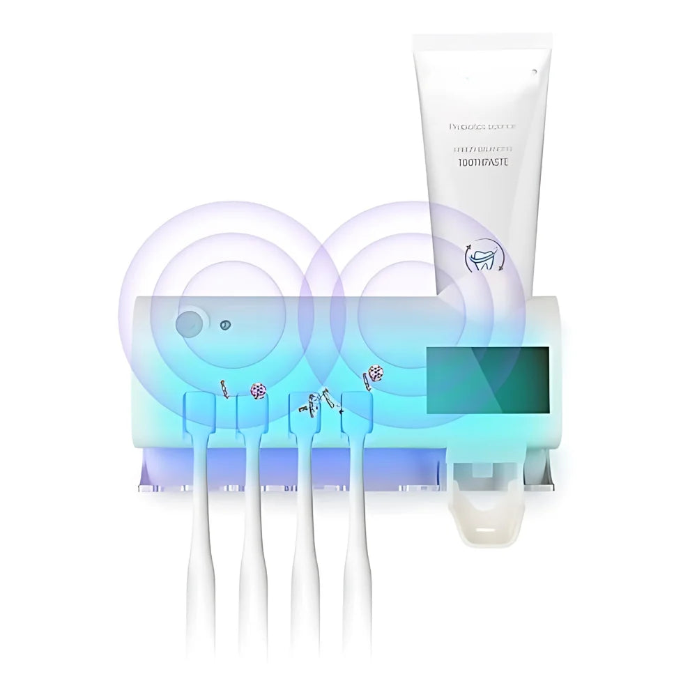 Suporte Esterilizador de Escovas com Luz UV + Dispensador Automático de Creme Dental