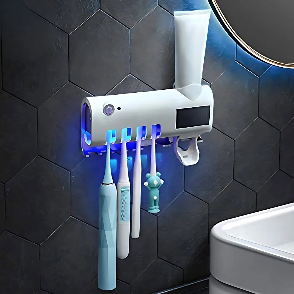 Suporte Esterilizador de Escovas com Luz UV + Dispensador Automático de Creme Dental