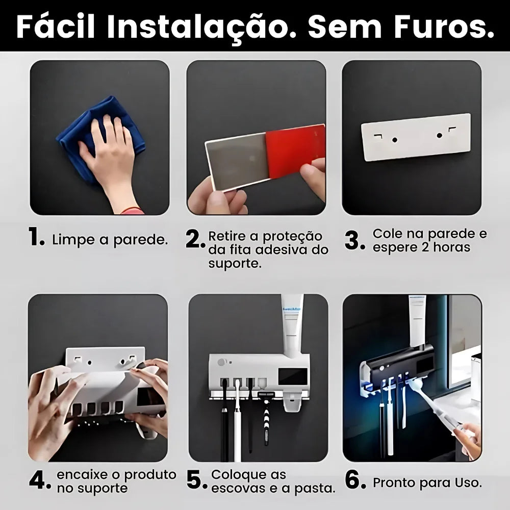 Suporte Esterilizador de Escovas com Luz UV + Dispensador Automático de Creme Dental