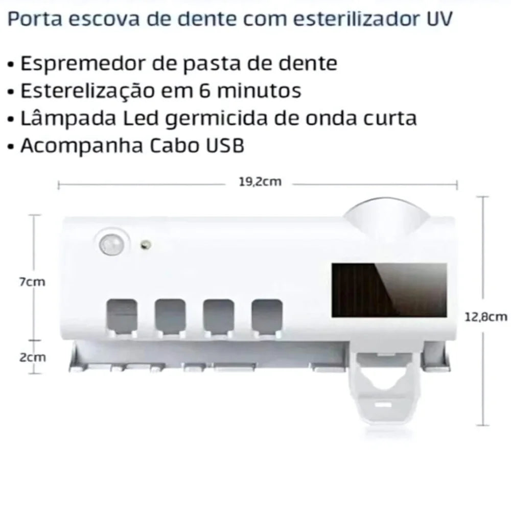 Suporte Esterilizador de Escovas com Luz UV + Dispensador Automático de Creme Dental