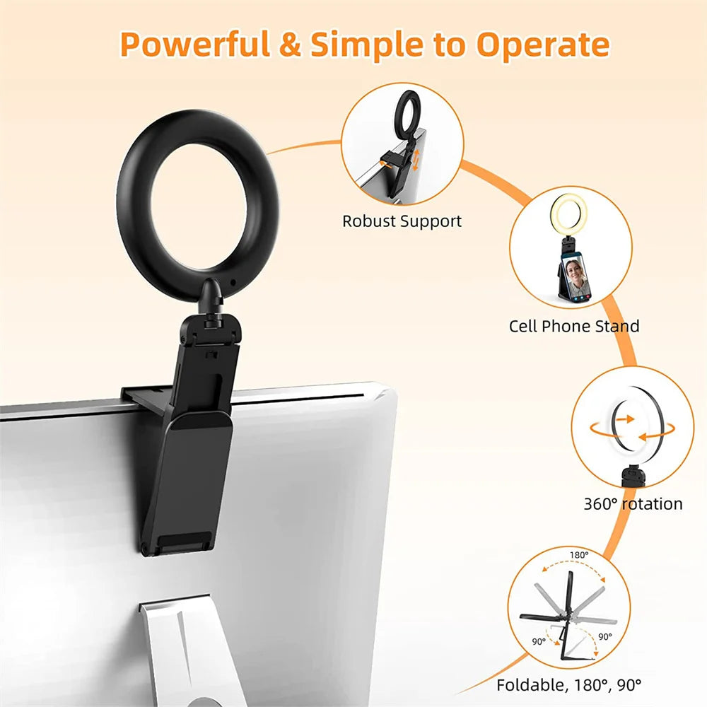 Ring Light CAMOLO com Suporte para Notebook e PC – 3 Cores de Luz
