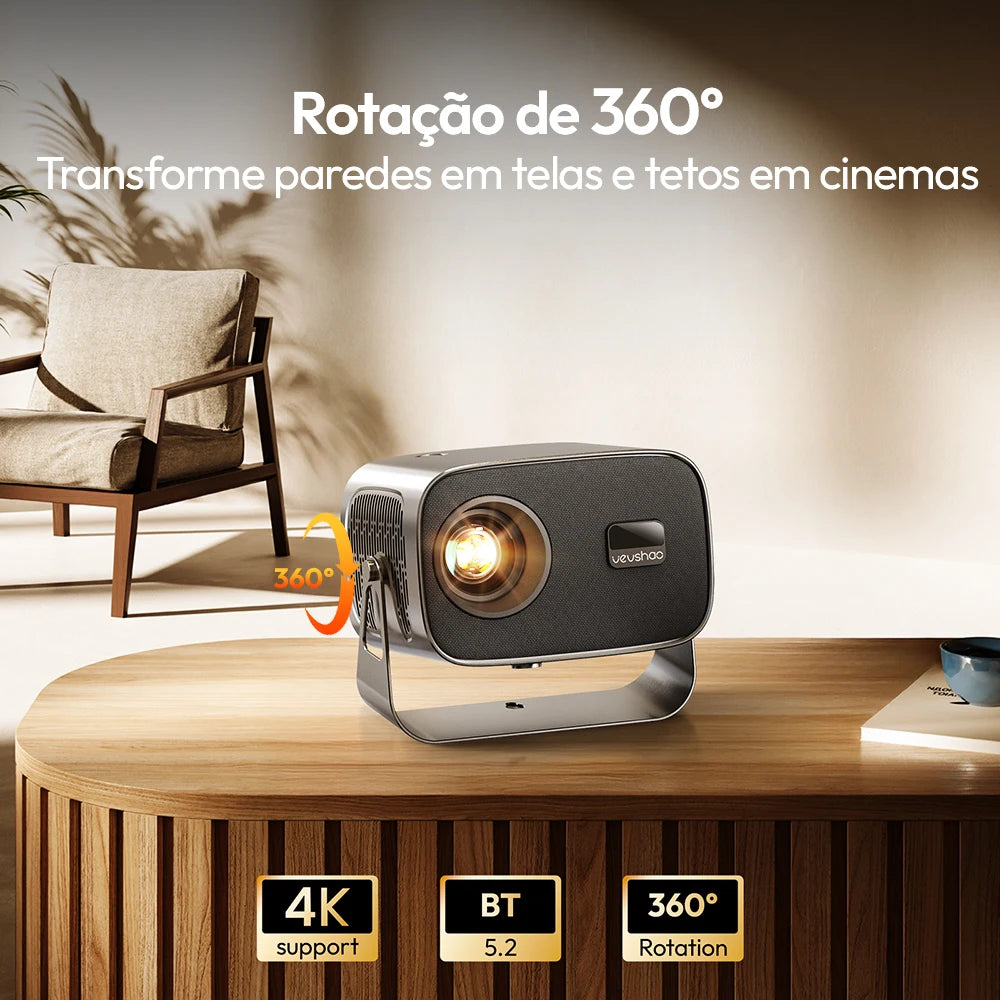 Projetor VEVSHAO A12 Mini – Android 11, 4K, Bluetooth 5.2, Wi-Fi 6 e Som Imersivo