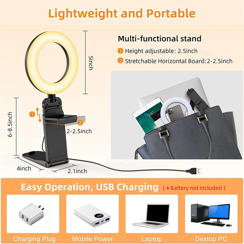 Ring Light CAMOLO com Suporte para Notebook e PC – 3 Cores de Luz