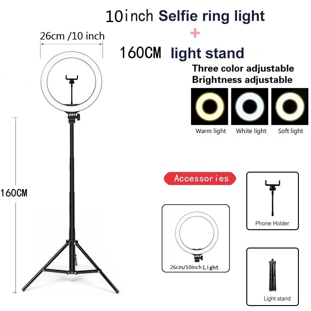 Ring Light LEAFILLIGHT 26/33cm com Tripé Ajustável e Controle – Ideal para Lives, Maquiagem e Estúdio